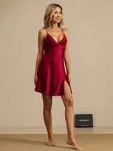 [Rotwein] SilkSilky-DE Sleeveless Deep V Neck Nachthemden 007