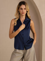 [Dunkelblau] SilkSilky-DE Sleeveless Lapel Collar Damenhemd 005