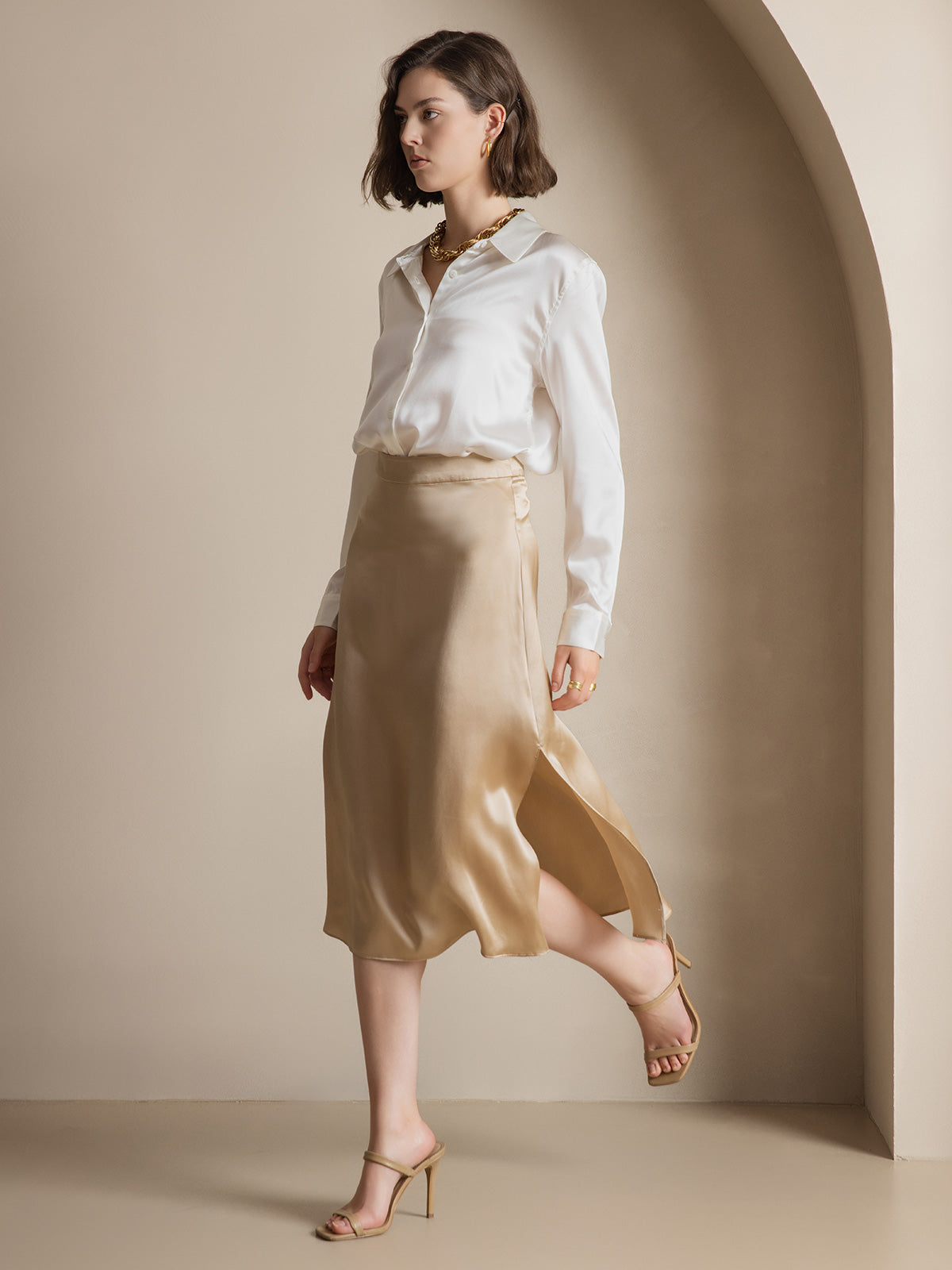 [Weiß] SilkSilky-DE Seide Langärmelig Umlegekragen Damenhemd 006