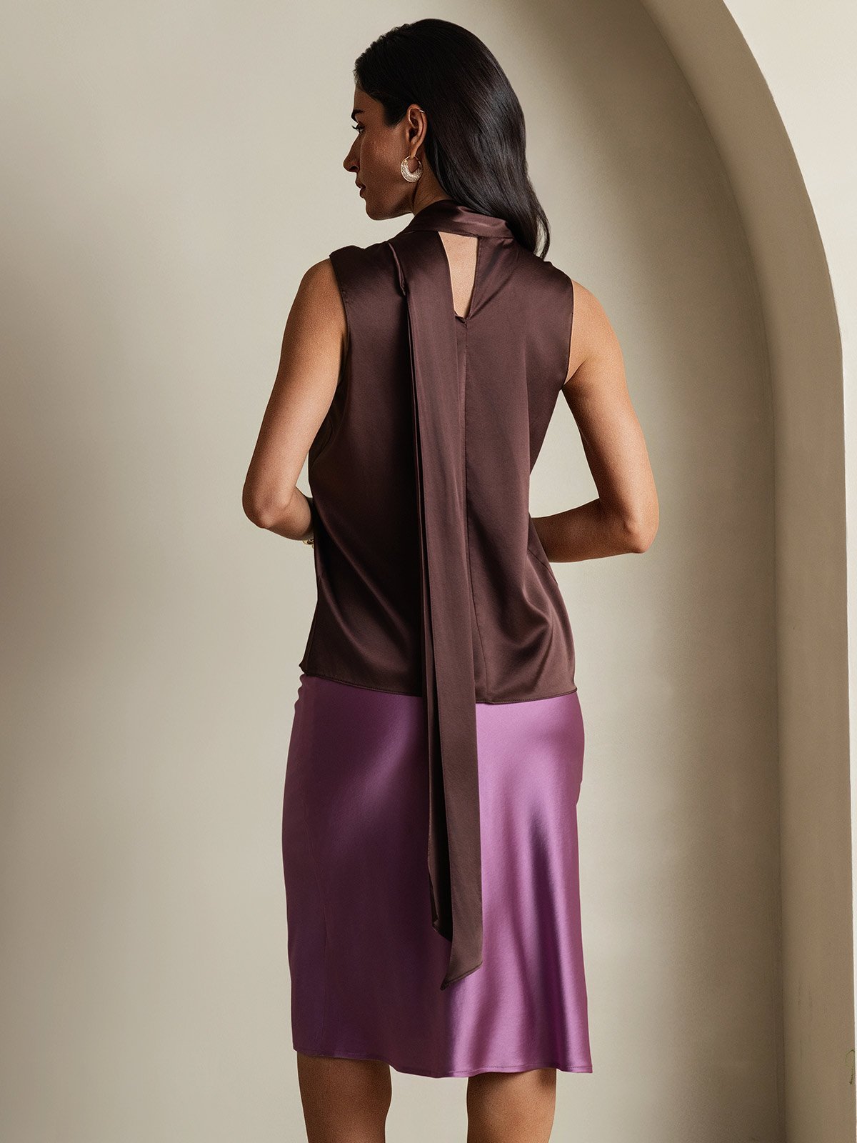 SilkSilky-DE 19Momme Seide Schleife am Ausschnitt Damenhemd Kaffee 002