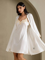 [Weiß] SilkSilky-DE 3/4 Sleeve V Neck Nachthemd&Morgenmantel Set 003