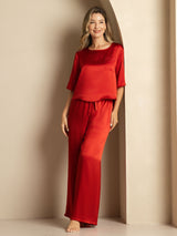 [Rotwein] SilkSilky-DE Half Sleeve Round Neck Damen Pyjamas 006