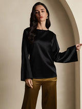 [Schwarz] SilkSilky-DE Long Sleeve Boat Neck Bluse 001