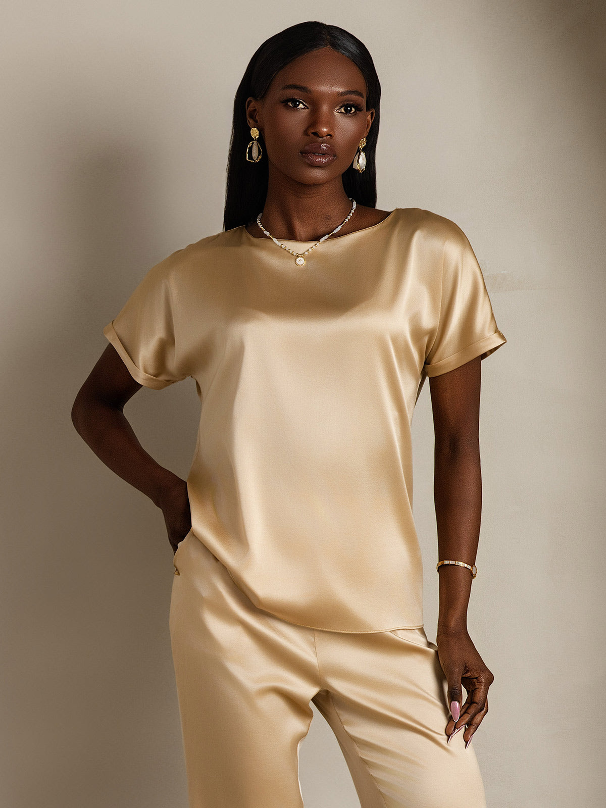 [Champagner] SilkSilky-DE 19Momme Seide Womens T-Shirt 003,