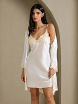[Weiß] SilkSilky-DE 3/4 Sleeve V Neck Nachthemd&Morgenmantel Set 006