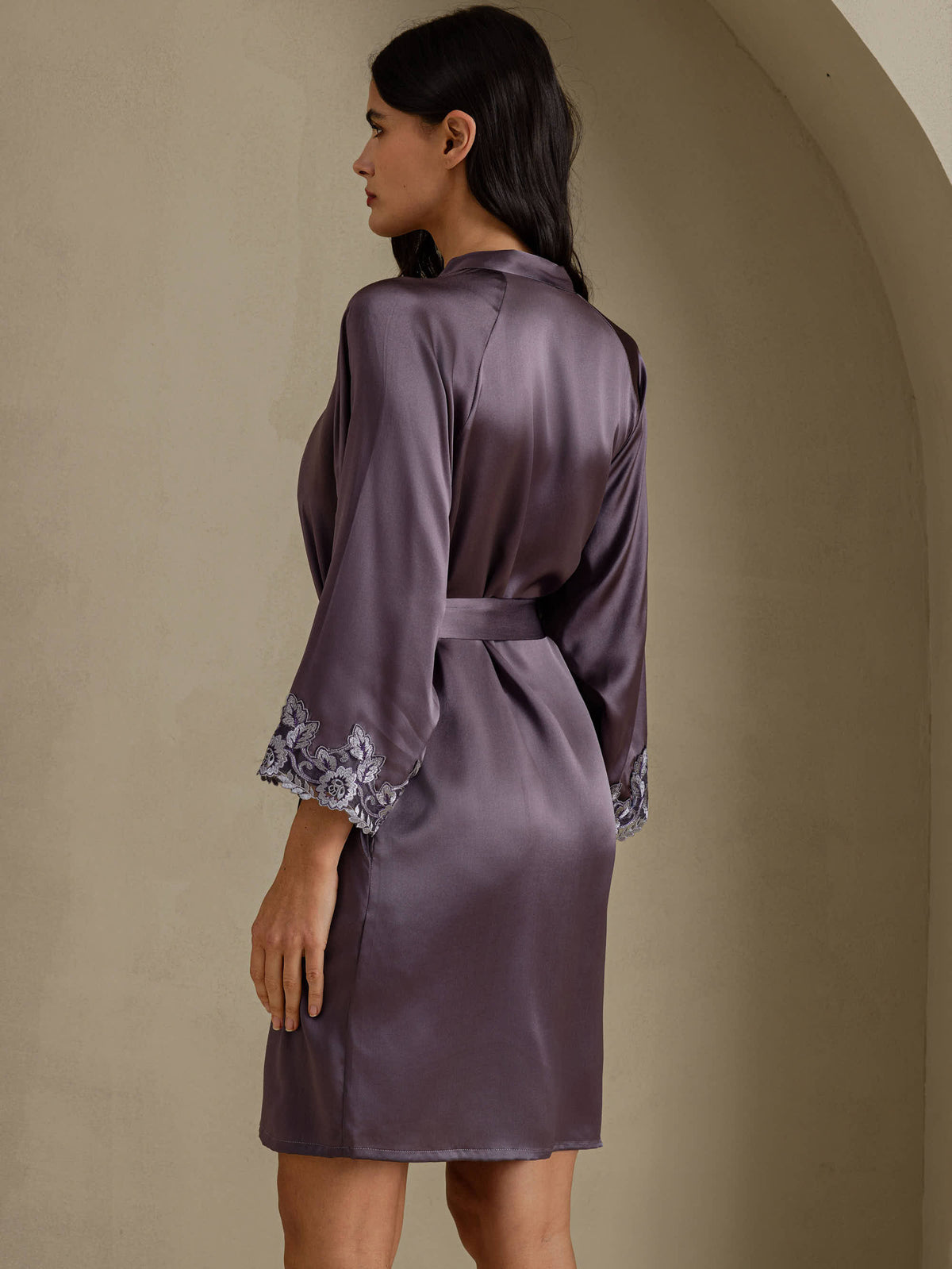 [Lilagrau] SilkSilky-DE 3/4 Sleeve Damen Morgenmantel 002