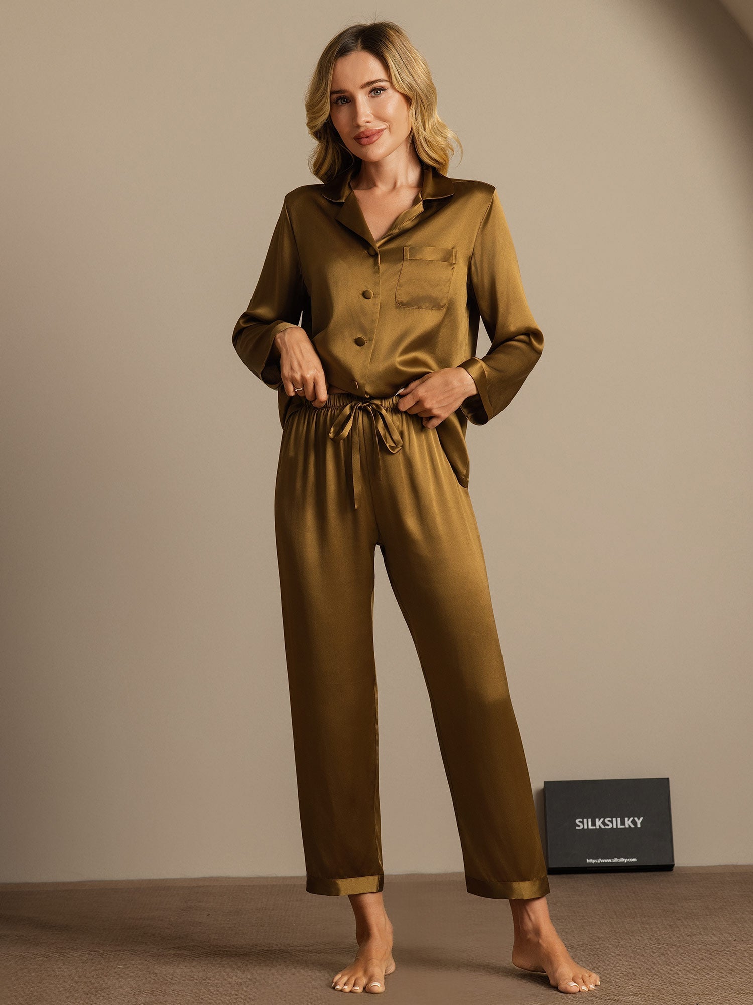 [Braun] SilkSilky-DE Langärmelig Notch-Kragen Damen Pyjamas 003