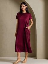 [Dunkelrot] SilkSilky-DE Short Sleeve Crew Neck Kleider 001