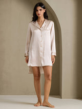 [Beige] SilkSilky-DE Long Sleeve Lapel Collar Schlafhemd 007