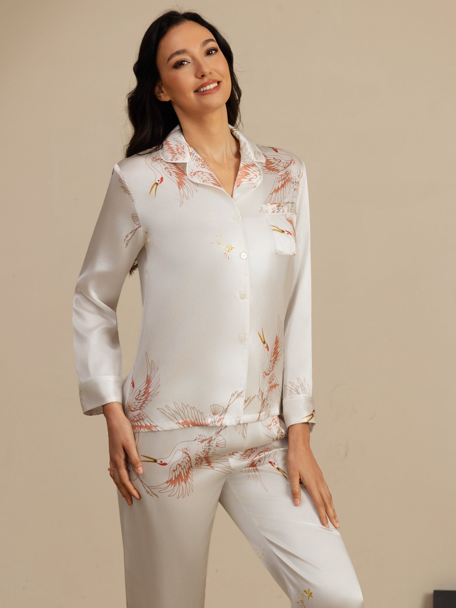 [Weiß] SilkSilky-DE 19Momme Langärmelig Notch-Kragen Damen Pyjamas 003