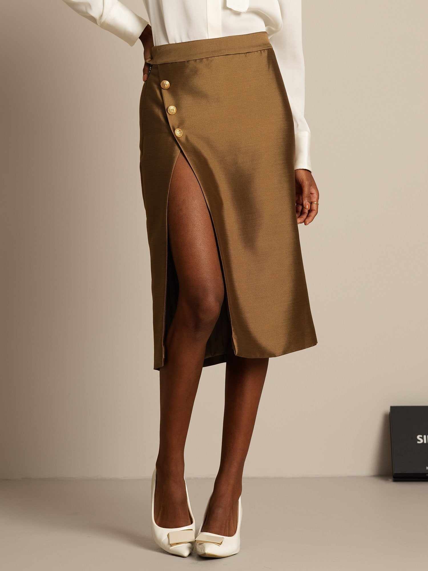 [Bronze] SilkSilky-DE 32Momme Silk-Wool Blend Skirt 006,