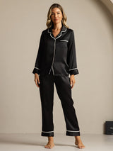 [Schwarz] SilkSilky-DE Langärmelig Notch-Kragen Damen Pyjamas 003