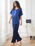 SilkSilky DE Reine Seide Kurzärmelig V Ausschnitt Damen Pyjamas Dunkelblau 005