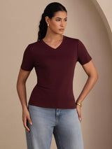 [Rotwein] SilkSilky-DE Short Sleeve V Neck T-Shirt 001