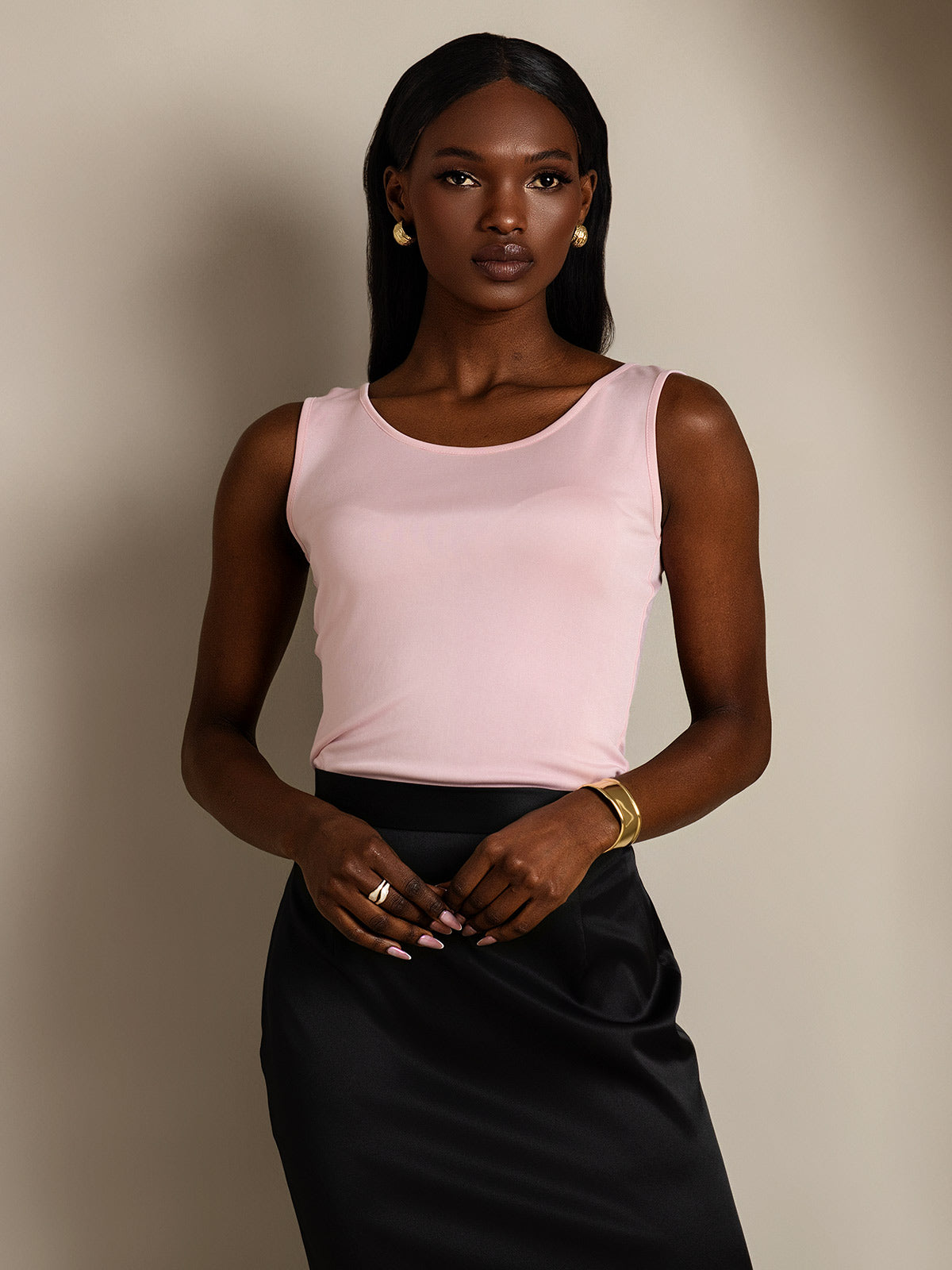 [Rosa] SilkSilky-DE Seidenstrick Ärmellos Rundkragen T-Shirt 004
