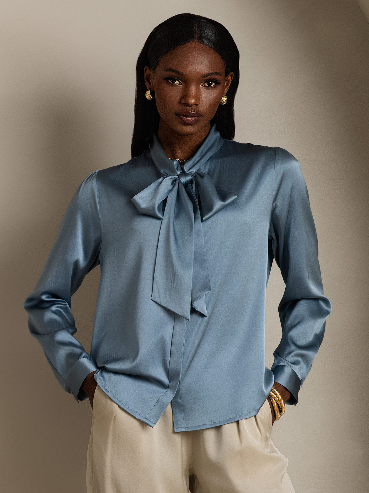 [Graublau] SilkSilky-DE 19Momme Seide Langärmelig Blouse 001