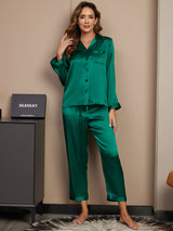 [Grün] SilkSilky-DE Long Sleeve Notch-Kragen Damen Pyjamas 001