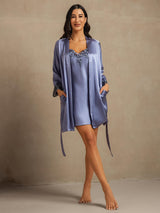 [Stahlblau] SilkSilky-DE 3/4 Sleeve V Neck Nachthemd&Morgenmantel Set 008