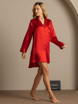 [Rot] SilkSilky-DE Long Sleeve Lapel Collar Schlafhemd 004