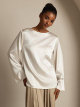 [Weiß] SilkSilky-DE Long Sleeve Boat Neck Bluse 001