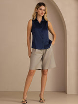 [Dunkelblau] SilkSilky-DE Sleeveless Lapel Collar Damenhemd 007