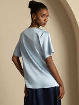 [Graublau] SilkSilky-DE Short Sleeve Cowl Neck Damenblusen 002