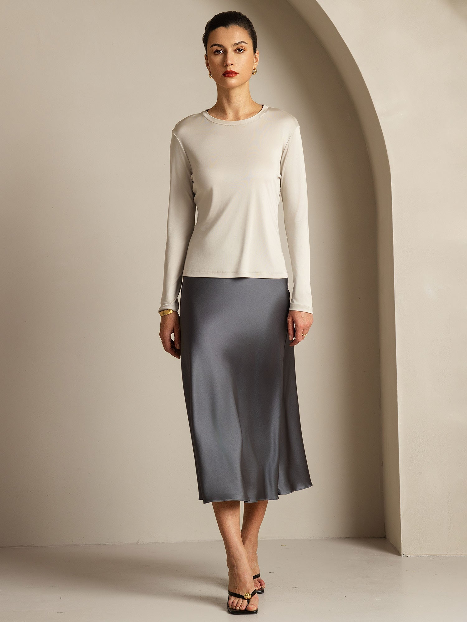 [Grau] SilkSilky-DE Reine Seide Womens T-Shirt 007,