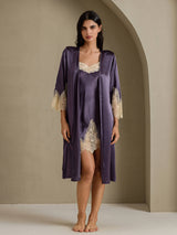 [Lilagrau] SilkSilky-DE 3/4 Sleeve V Neck Nachthemd&Morgenmantel Set 011