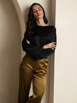 [Schwarz] SilkSilky-DE Long Sleeve Boat Neck Bluse 005