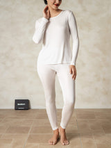 [Weiß] SilkSilky-DE Langärmelig Rundhalsausschnitt Damen Lange Unterwäsche 003
