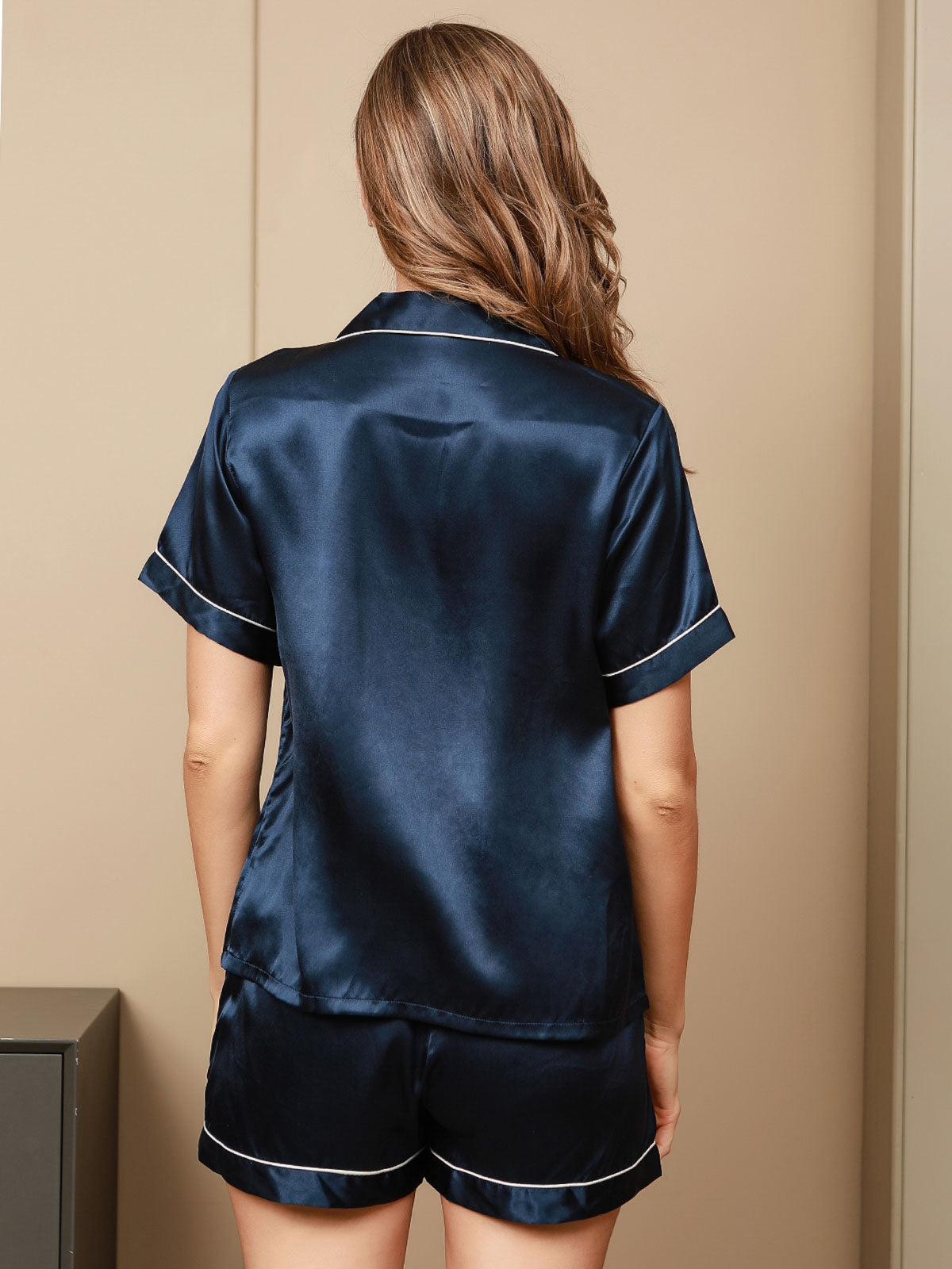 [Dunkelblau] SilkSilky-DE Kurzärmelig Notch-Kragen Damen Pyjamas 002