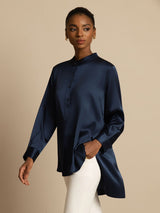 [Dunkelblau] SilkSilky-DE 19Momme Langärmelig Stehkragen Bluse 004