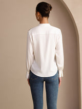 [Weiß] SilkSilky-DE Long Sleeve Tie Neck Damenblusen 002