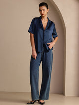 [Dunkelblau] SilkSilky-DE Short Sleeve Lapel Collar Damenhemd 007