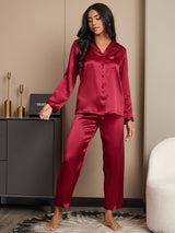 [Rotwein] SilkSilky-DE Long Sleeve Notch-Kragen Damen Pyjamas 001