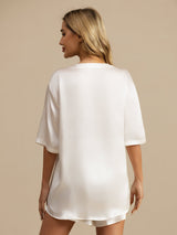 [Weiß] SilkSilky-DE Kurzärmelig Rundhalsausschnitt Damen Pyjamas 002
