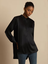 [Schwarz] SilkSilky-DE 19Momme Langärmelig Stehkragen Bluse 001