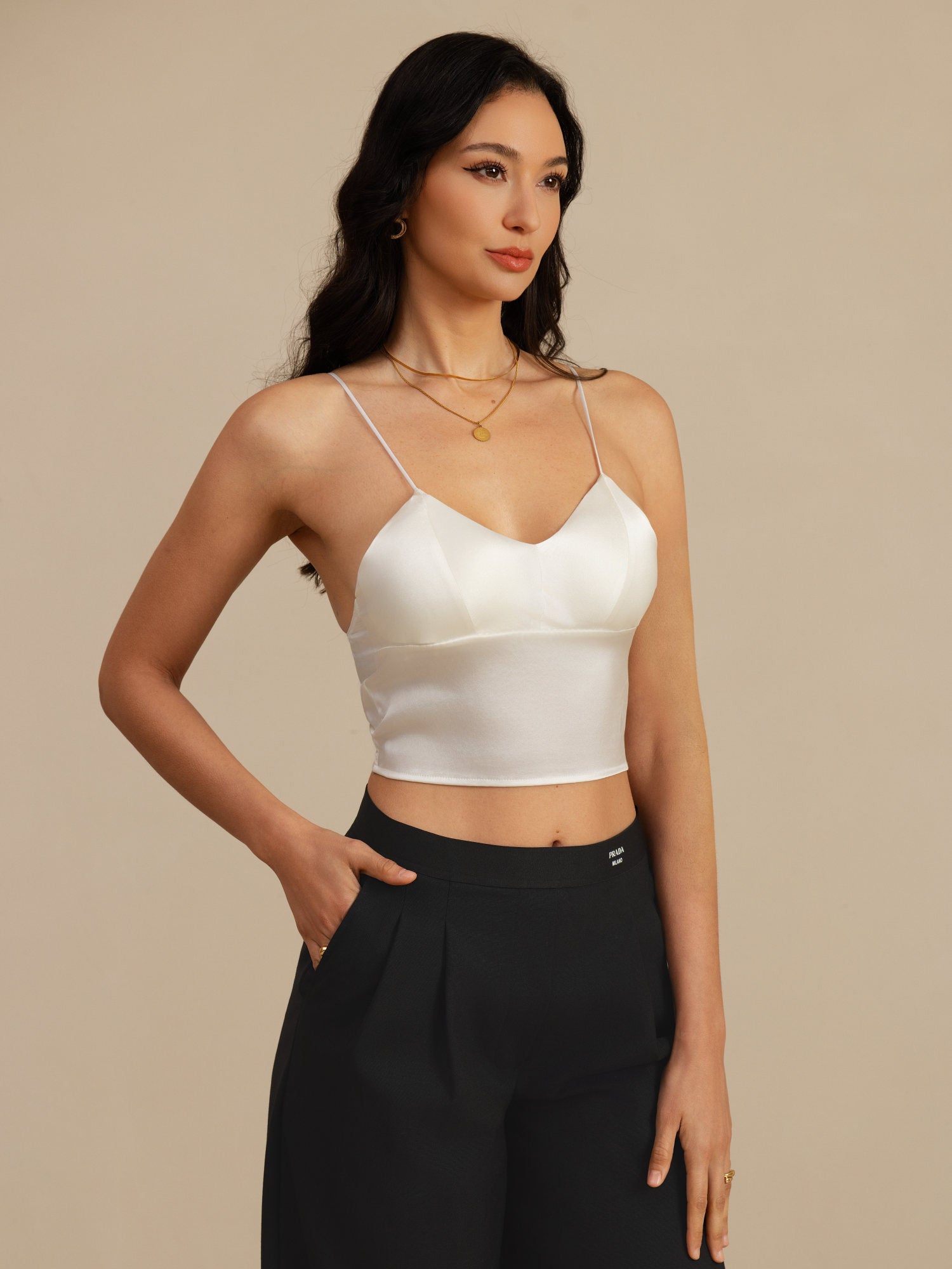[Weiß] SilkSilky-DE Spaghetti Strap V Neck Cami Top 001