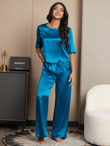 [König Blau] SilkSilky-DE Half Sleeve Round Neck Damen Pyjamas 004