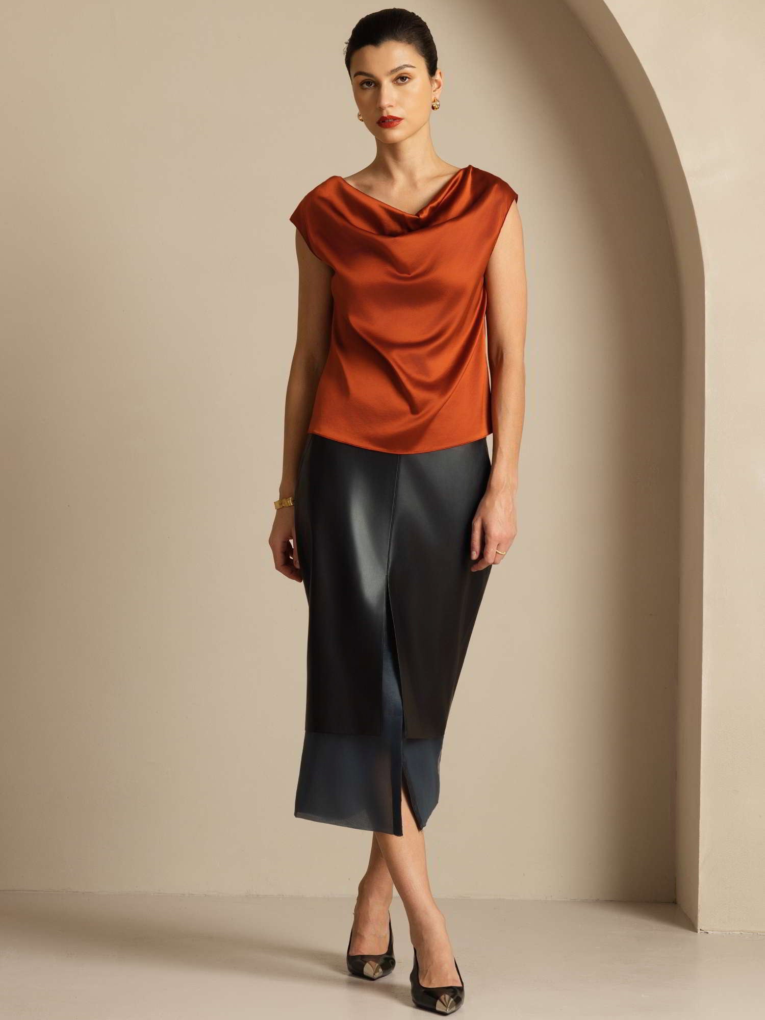 [Karamell] SilkSilky-DE 19Momme Seide Ärmellos Wasserfallausschnitt T-Shirt 007