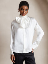 [Weiß] SilkSilky-DE Long Sleeve High Neck Bluse 003