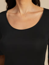 [Schwarz] SilkSilky-DE Half Sleeve Tiefer Rundhalsausschnitt T-Shirt 006