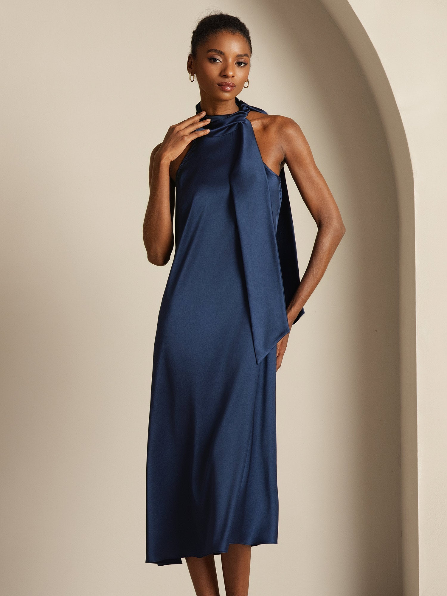 [Dunkelblau] SilkSilky-DE 19Momme Seide Ärmellos Dress 009