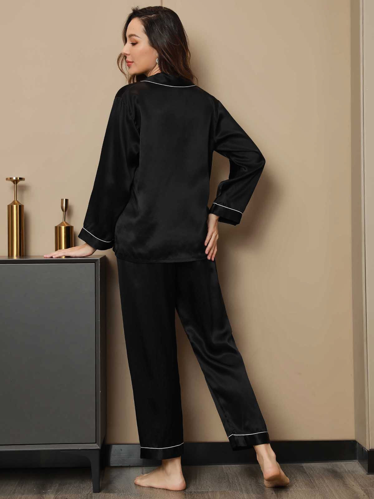 [Schwarz] SilkSilky-DE Reine Seide Womens Pajamas 002