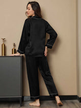 [Schwarz] SilkSilky-DE Long Sleeve Notch-Kragen Damen Pyjamas 002