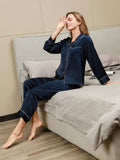 SilkSilky-DE Reine Seide Langärmelig Revers Damen Pyjamas Dunkelblau 005