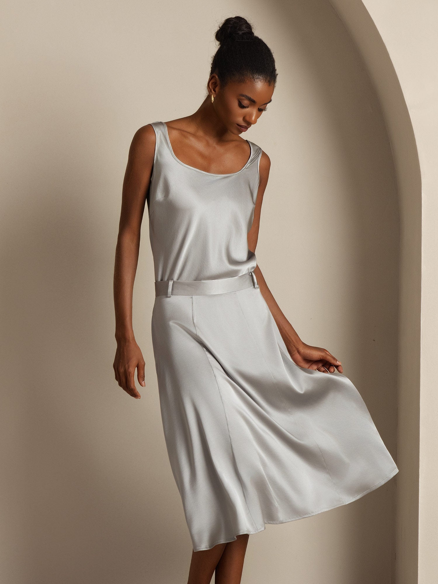 [Greifgrau] SilkSilky-DE 19Momme Seide U Ausschnitt Cami Top 005,