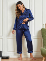 [Dunkelblau] SilkSilky-DE Reine Seide Langärmelig Womens Pajamas 002