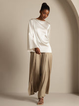 [Weiß] SilkSilky-DE Long Sleeve Boat Neck Bluse 008