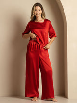 [Rotwein] SilkSilky-DE Half Sleeve Round Neck Damen Pyjamas 007